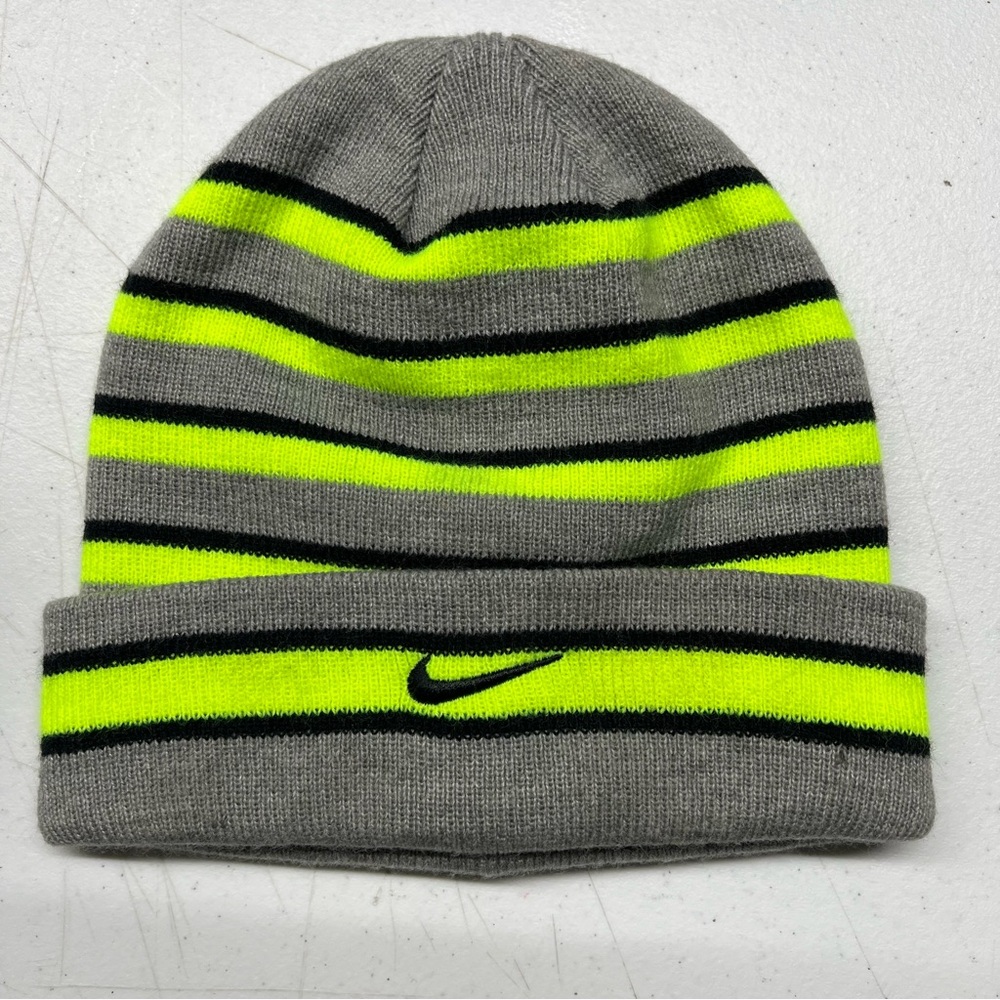 Nike Youth Beanie Gray Neon Yellow Striped Knit Winter Hat Swoosh